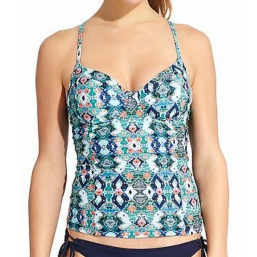 Athleta Blue Green Patterned Ikat Tankini Top Size 32 D/DD